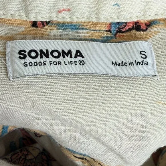 Sonoma Cowboy Print Camp Shirt Cream Linen Cotton Blend Short Sleeve Sz S - Picture 3 of 9
